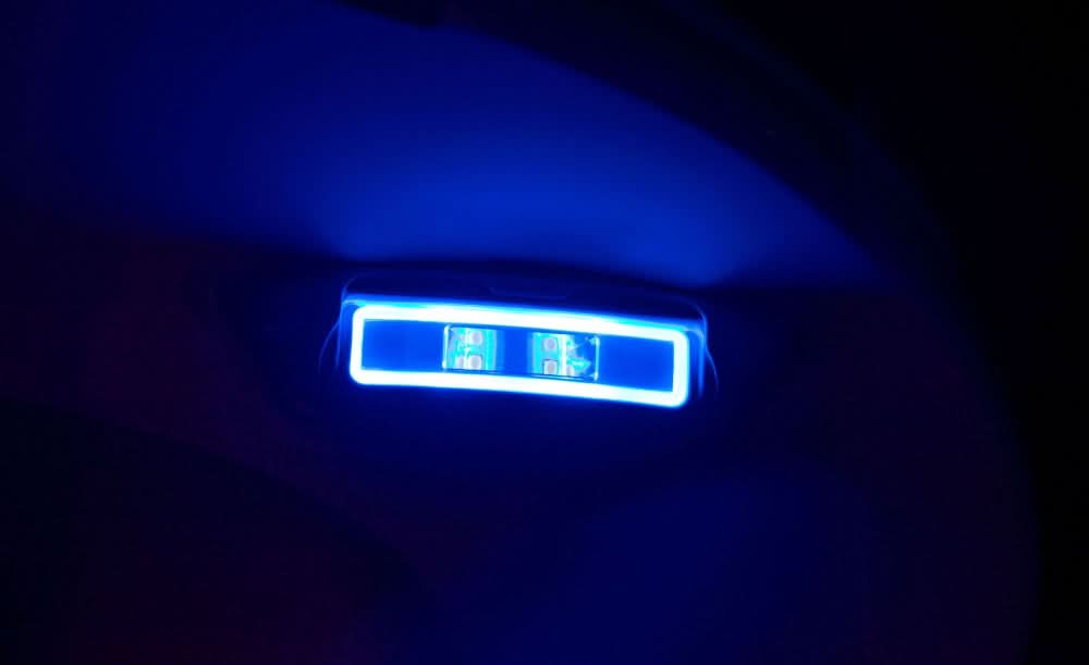 Corsica Inset LED Flood Light with Spectrum Halo sleek molded design for marine hardtops white finish installed on hardtop bright blue leds.