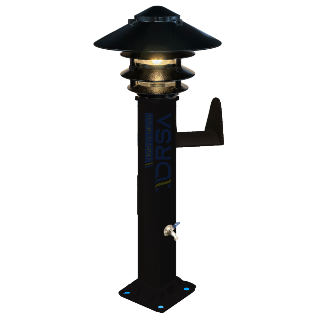 Black powder-coated aluminum hose station with LED fixture with pagda light 