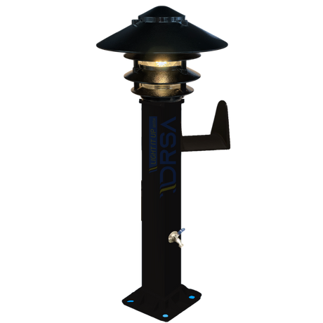 Black powder-coated aluminum hose station with LED fixture with pagda light 