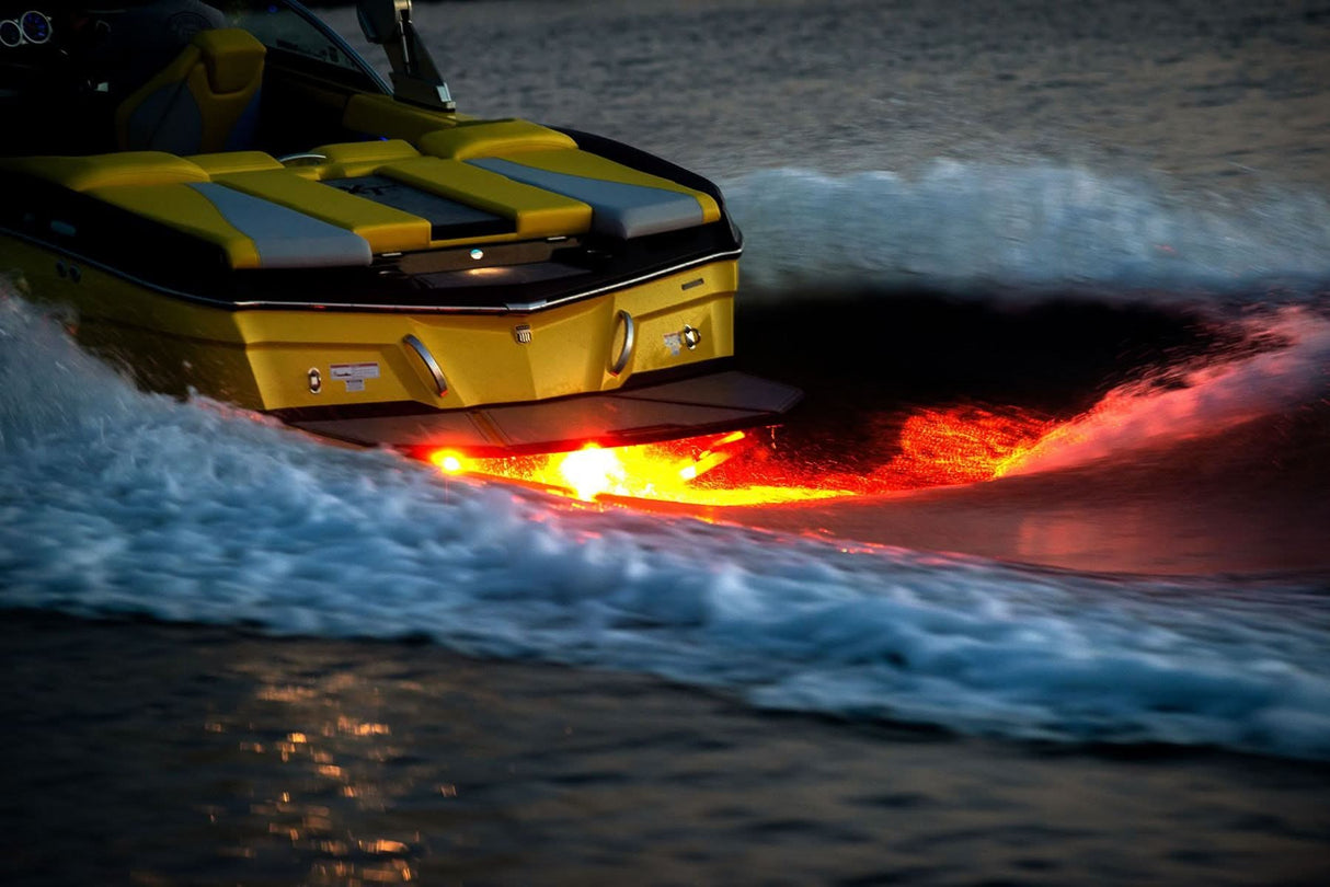 Javelin 600X underwater light, sleek rectangular design, RGBW output installed on wakeboat back of the boat