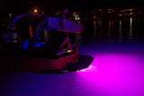 Javelin 600X underwater light, sleek rectangular design, RGBW output installed on wakeboat at night pink led