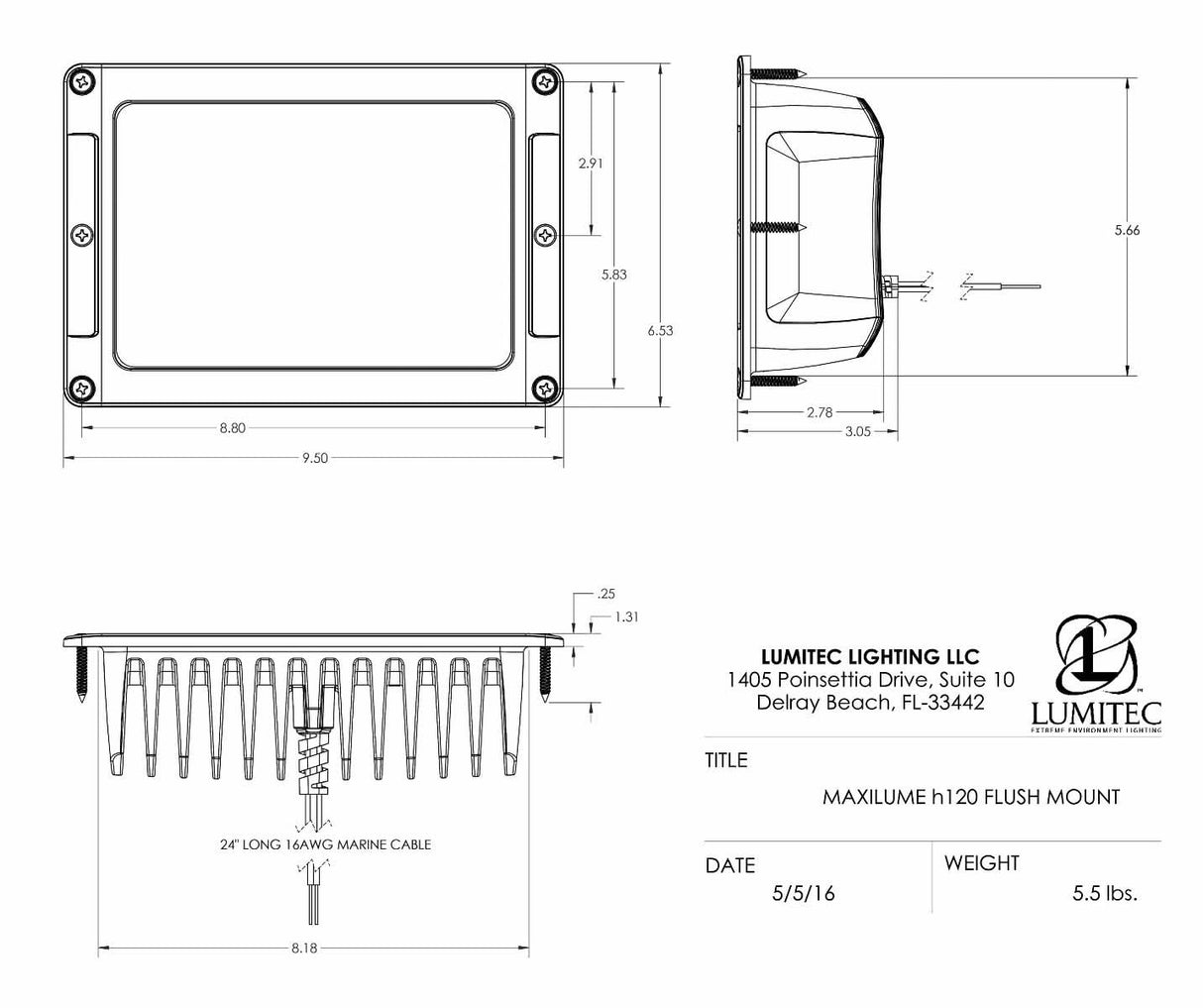 Maxillume H120 Marine LED Flood Light with heavy-duty aluminum housing white instelation diagram