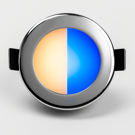BCM Orlando 85 warm white and blue LED light, polished stainless steel, spring mount, IP66

