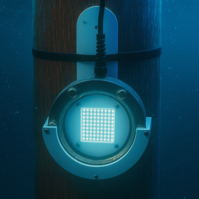 DV59 Underwater light fixture with bracket on a wooden post with a blue glow against a dark blue underwater background.