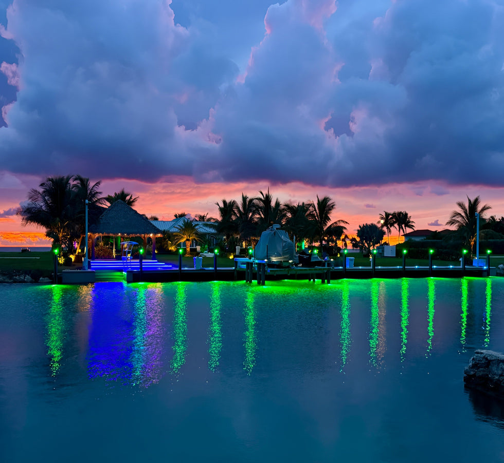 Marine-Grade LED Lighting, Engineered for the Harshest Environments dock install with underwater lights at sunset