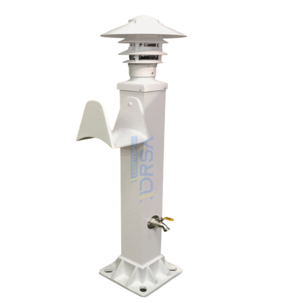 White aluminum dock hose station with pagoda light and water connection

