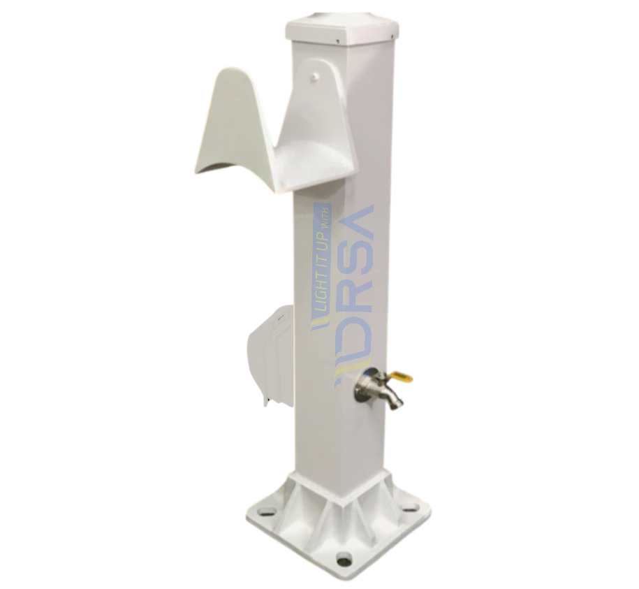 white Aluminum marine pedestal with hose holder and water connection
