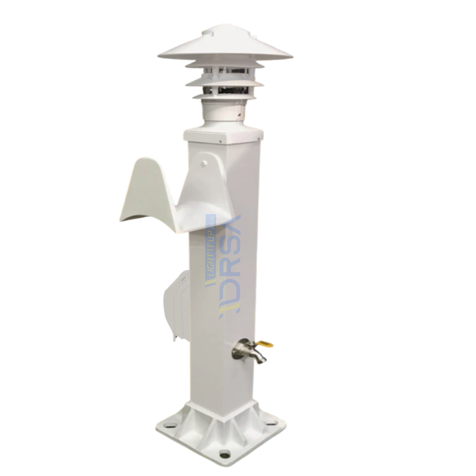 White finish hose station with 120V pegoda LED lighting and water connection and GFI
