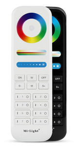 miboxer white 8-zone RGB+CCT LED remote controller with color wheel back
black and white