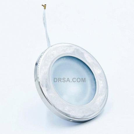 Flush mount Montserrat G4 socket light with polished stainless bezel side view 