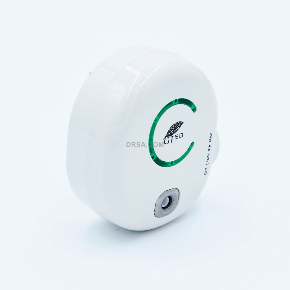 Compact GT50 ozone purifier for hotel rooms, bathrooms, and closets side view