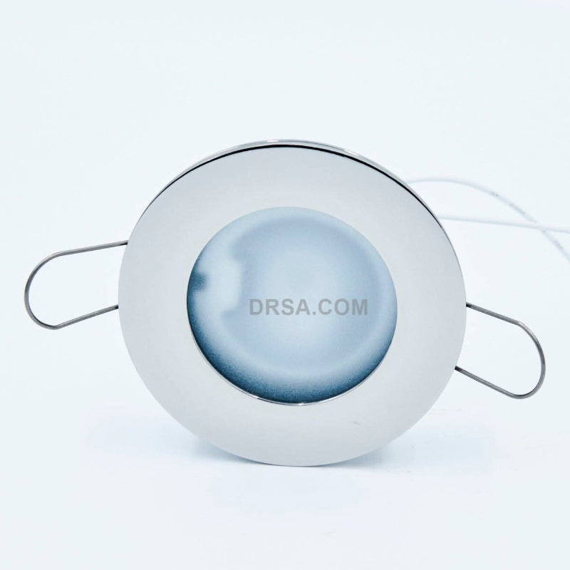 Side view stainless overhead  G4 LED compatible light fixture for boat cabins close up